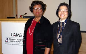 Former U.S. Surgeon General Joycelyn Elders, M.D., and Jeanne Y. Wei, M.D., Ph.D., executive director of the UAMS Institute on Aging. 