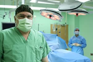 Gareth Tobler, M.D., a UAMS cardiothoracic surgeon, prepares for a recent surgery. 