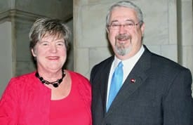 Sen. Jimmy Jeffress of Crossett sponsored the Senate resolution honoring UAMS’ Claudia Beverly (left) and the Arkansas Aging Initiative.
