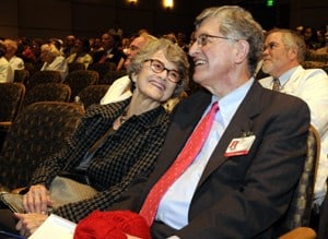 UAMS Chancellor I. Dodd Wilson, M.D., sits with his wife Ginger prior to giving his final State of the Campus report.