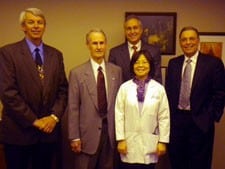 Left to right: Doug Henson, senior vice president and corporate secretary of Baldwin Shell Co.; Bob Shell, president of Baldwin Shell Co.; Jeanne Wei, M.D., Ph.D., director of the Donald W. Reynolds Institute on Aging; Dan Rahn, M.D., UAMS chancellor; and Scott Copas, executive vice president of Baldwin Shell Co.