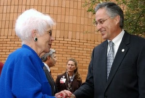 Sharon Harwood Knighten visits with UAMS Chancellor Dan Rahn, M.D., after the Knighten family announced a gift of $100,000 to the UAMS College of Nursing to establish three endowed scholarships.