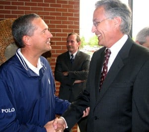 State Sen. Paul Bookout of Jonesboro greets Chancellor Dan Rahn.