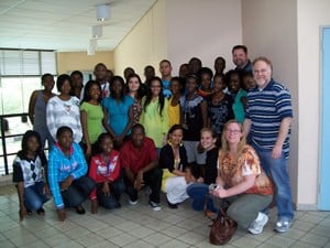 First-year biomedical sciences students in the new laboratory sciences program at the Polytechnic of Namibia with Don Simson, Ph.D., Bruce Smoller, M.D., Nicole Massoll, M.D., of UAMS.