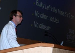 Matthew Steliga, M.D., presents at the June 11 lung cancer conference hosted by UAMS.