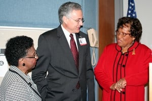 Joycelyn Elders, M.D., UAMS professor emeritus and former U.S. surgeon general, (right) visits with Chancellor Dan Rahn, M.D., and Carmelita Smith, UAMS manager for diversity.