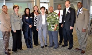 From left, State Sen. Joyce Elliott and Joni Lee of the Central Little Rock Promise Neighborhood; Ronda Henry-Tillman, M.D., Marcia Byers, Kate Stewart, M.D., M.P.H., Nancy Greer-Williams, Ph.D., and Todd Moore of UAMS; and State Sen. David Johnson and Chris Love of the Arkansas Community Foundation.