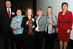 Chancellor Rahn and College of Nursing Dean Lorraine Fraiser, Ph.D., R.N., with award recipients (from left) Shannon Finley, R.N., Sue Ragsdale, R.N., Karen Davis, R.N., and Barbara Pate, Ph.D., R.N.