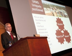 UAMS Chancellor Dan Rahn, M.D., gives the annual State of the University presentation.