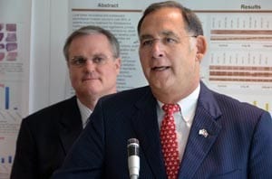 U.S. Sens. Mark Pryor (left) and John Boozman help celebrate the opening of two new cancer research floors at UAMS.