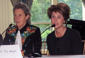 Temple Grandin, Ph.D., (left) and Molly Gathright, M.D., of the UAMS Psychiatric Research Institute, take questions after Grandin’s presentation.
