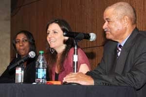 Author Rebecca Skloot (center) is joined by Jeri Lacks-Whye (left) and Sonny Lacks for a question and answer session.