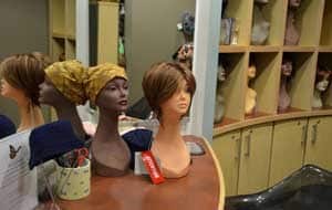 A variety of wigs are available in the Cancer Institute’s Patient Support Pavilion for patients undergoing chemotherapy and treatment.