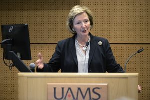 State Sen. Cecile Bledsoe, chairs the joint meeting at UAMS of the Senate and House Public Health committees.