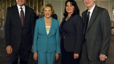 Johnelle Hunt (second from left) hosted the inaugural Friends of UAMS – Northwest Arkansas event at Hunt Tower in Rogers. Flanking her are (from left) UAMS Chancellor Dan Rahn, M.D., Pearl McElfish, Ph.D., and Peter Kohler, M.D. (Photo by McGee Meredith)