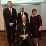 W. Brooks Gentry, M.D., was named the inaugural recipient of the Carmelita S. Pablo Endowed Chair in Anesthesiology. From left to right, back row, are UAMS Chancellor Dan Rahn, M.D., UAMS College of Medicine Dean Pope Moseley, M.D., and Carmelita S. Pablo, M.D.