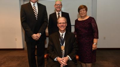 W. Brooks Gentry, M.D., was named the inaugural recipient of the Carmelita S. Pablo Endowed Chair in Anesthesiology. From left to right, back row, are UAMS Chancellor Dan Rahn, M.D., UAMS College of Medicine Dean Pope Moseley, M.D., and Carmelita S. Pablo, M.D.