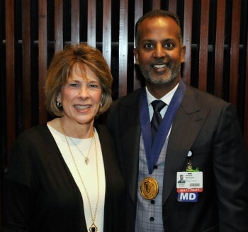 Charlene Reed, wife of Stanley Reed and a member of the UAMS Foundation Fund Board, and Dr. Seupaul at the investiture ceremony.