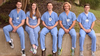 Chad Adams, D.D.S., (from left) Alyssa Brailsford, D.D.S., Jack Pardo, D.D.S., William Wilson, D.D.S., and John Scott, D.D.S., are the second class of dental residents in UAMS’ General Practice Residency program, part of the Center for Dental Education in the College of Health Professions.