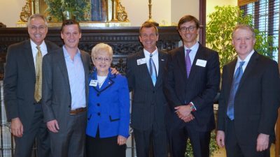 The Friends of UAMS chapter in Mountain Home is the program's 11th. From left to right: Chancellor Dan Rahn, M.D.; state Sen. Scott Flippo; state Rep. Nelda Speaks; Lance Burchett, vice chancellor for Institutional Advancement; Beau Blair, executive vice chair of the UAMS Foundation Fund Board; and Lang Zimmerman.