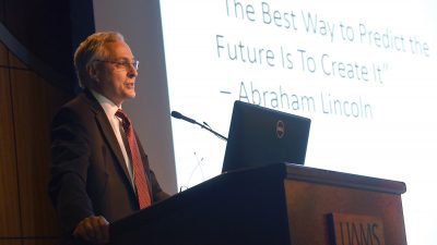 Chancellor Dan Rahn, M.D., delivers his farewell address to employees on June 22.
