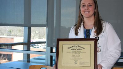 Brandi Mize is the 15th recipient of the Lawrence E. Scheving Award, established in 2004 to recognize the first-year medical student with the highest grade in Human Structure.