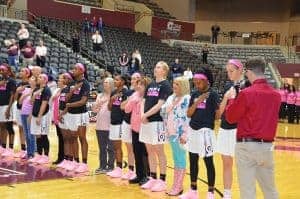 The UALR women's basketball team welcomed UAMS breast cancer survivors onto the court prior to their Pink Night game against Coast Carolina.