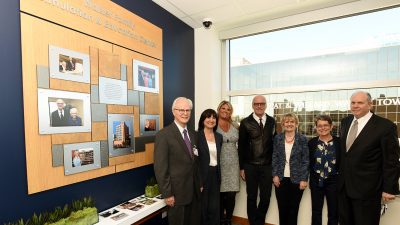 UAMS celebrated the opening of the Walker Eye Surgical Simulation & Education Center on March 7. Pictured left to right: John P. Shock, M.D., JEI founding director; interim UAMS Chancellor Stephanie Gardner, Pharm..D, Ed.D.; Mandy Macke, Walker Foundation associate director; Johnny Mike Walker, Walker Foundation trustee and son of Willard and Pat Walker; Nancy Shock; Terri Westfall; and Christopher T. Westfall, M.D., JEI director, interim UAMS College of Medicine dean, and director of its Department of Ophthalmology.