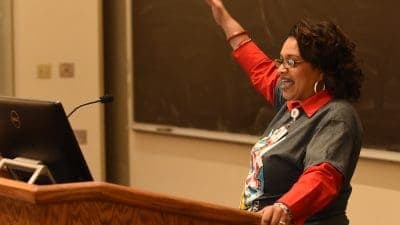 Debrah Mitchell, recruiting specialist for the UAMS College of Health Professions, speaks to students at UAMS Diversity Day on March 9.