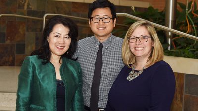 Leading the UAMS Radiation Oncology Residency Program are (from left) Fen Xia, M.D., Ph.D., Department of Radiation Oncology chair and residency program director; Thomas Kim, M.D., assistant residency program director; and Ellie Dickinson, residency coordinator.
