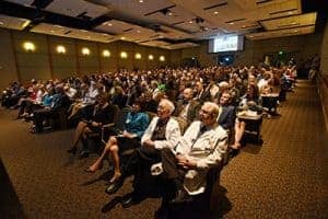 UAMS employees packed the Fred W. Smith Auditorium in the Jackson T. Stephens Spine & Neurosciences Institute for the State of the University address.