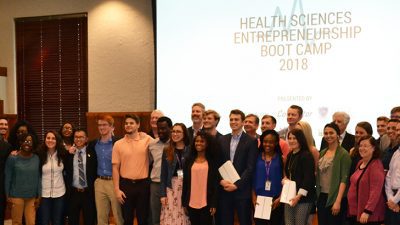 Seventeen undergraduate and graduate students along with faculty and mentors gather for a group photo at the conclusion of the third annual Health Sciences Entrepreneurship Boot Camp.