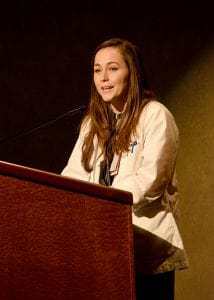Ada Sochanska, P.A.-S., the president of the Class of 2018, urges her fellow students to be mindful of what their white coat means to them.