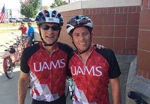 Mark Hagemeier (left) with friend and fellow cyclist Cesar Caballero of Windstream at the UAMS Myeloma Institute's 2017 Ride for Research.