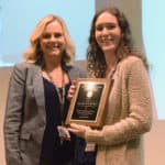 Lindsay Gilbert, M.Ed., (right) an assistant professor in the Department of Laboratory Sciences, receives the Excellence in Teaching Award from Tina Maddox, Ph.D., associate dean for academic affairs.