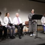 The cast of "W;t," including Richard Wheeler, M.D., (third from left), tells the story of Vivian Bearing, Ph.D., a 50-year-old professor of 17th century English literature who has been diagnosed with stage four metastatic cancer.