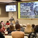Faculty, students and staff listen to keynote speaker Tracy Steele during the 2019 Dr. Martin Luther King Jr. Celebration.