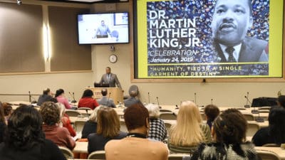 Faculty, students and staff listen to keynote speaker Tracy Steele during the 2019 Dr. Martin Luther King Jr. Celebration.