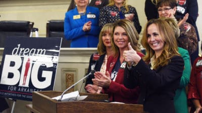State Sen. Missy Irvin of Mountain View gives a thumbs up after announcing legislative support for the UAMS Cancer Institute’s quest to achieve NCI Designation. She is joined by fellow members of the Republican Women’s Legislative Caucus, including co-lead sponsor Rep. Michelle Gray (in red jacket).