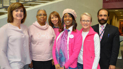 Honorees at the UALR Trojans women's basketball Pink Game were (left to right) Liz Caldwell, Donna Boxley, Laurie Shell, Abby Ellington, Terri Seiter and Issam Makhoul, M.D.