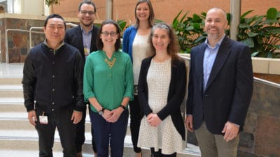 The 2019 Seeds of Science grant recipients from the UAMS Winthrop P. Rockefeller Cancer Institute are (left to right) Zhiqiang Qin, M.D., Ph.D.; Brendan Frett, Ph.D.; Stephanie Byrum, Ph.D.; Samantha Kendrick, Ph.D.; Alicia Byrd, Ph.D.; and Robert Eoff, Ph.D.
