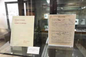 Artifacts preserved in the exhibit include guidelines that ended segregation at the University of Arkansas and an application for admission from Jones.