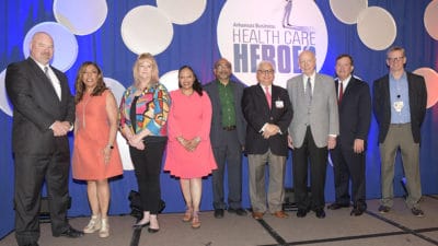 UAMS finalists for Healthcare Hero for 2019 (from left): J.D. Day, M.D.; Gloria Richard-Davis, M.D.; Terry Collins, R.N.; Ronda Henry-Tillman, M.D.; Hari Eswaran, Ph.D.; Purushottam Thapa, M.D.; Joseph Bates, M.D.; C. Lowry Barnes, M.D.; and Bradley Martin, Pharm.D., Ph.D.