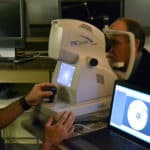 Teleretinal imaging is demonstrated with a special camera. New cameras will take the screening statewide.