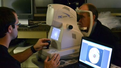 Teleretinal imaging is demonstrated with a special camera. New cameras will take the screening statewide.
