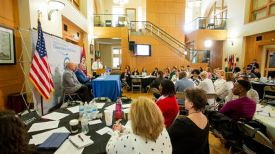 A panel of experts discuss the public health and patient health issues associated with opioid use at the Combating the Opioid Crisis and Chronic Pain education event April 12 at the Clinton School for Public Service.