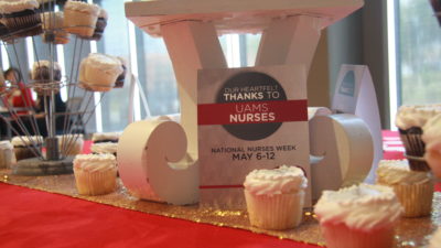 A decorated table offers cupcakes for dessert during a lunch and learn panel held during Nurses Week.