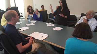 Astha Malhotra, Ph.D., discusses her research in 3-D printing and tissue regeneration during a kick-off meeting of the entrepreneurship training program.