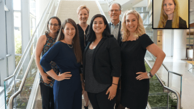 The new KL2 scholars are (front, l-r) Isabelle Racine-Miousse, Ph.D.,Tara Johnson, M.D., Stephanie Kennon-McGill, Ph.D., Pearman Parker, Ph.D., and (inset) Jennifer Vincenzo, Ph.D. Back: TRI Director Laura James, M.D., and KL2 Program Co-Director W. Brooks Gentry, M.D.
