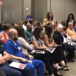 Susan McDougal, the associate director of pastoral care, speaks during the first Schwartz Round session June 19. Photo credit, Kate Franks